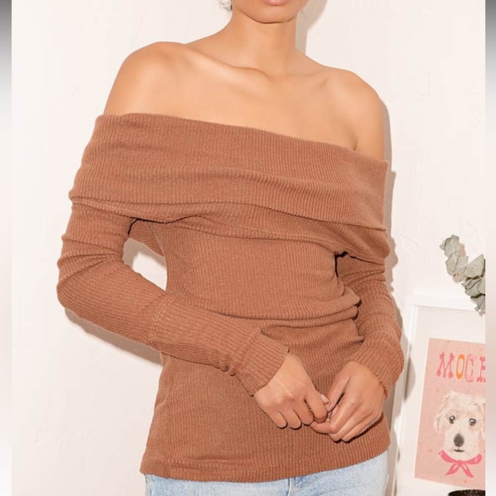 Free People Snowbunny Brown Ribbed Knit Off-the-Shoulder Sweater Top